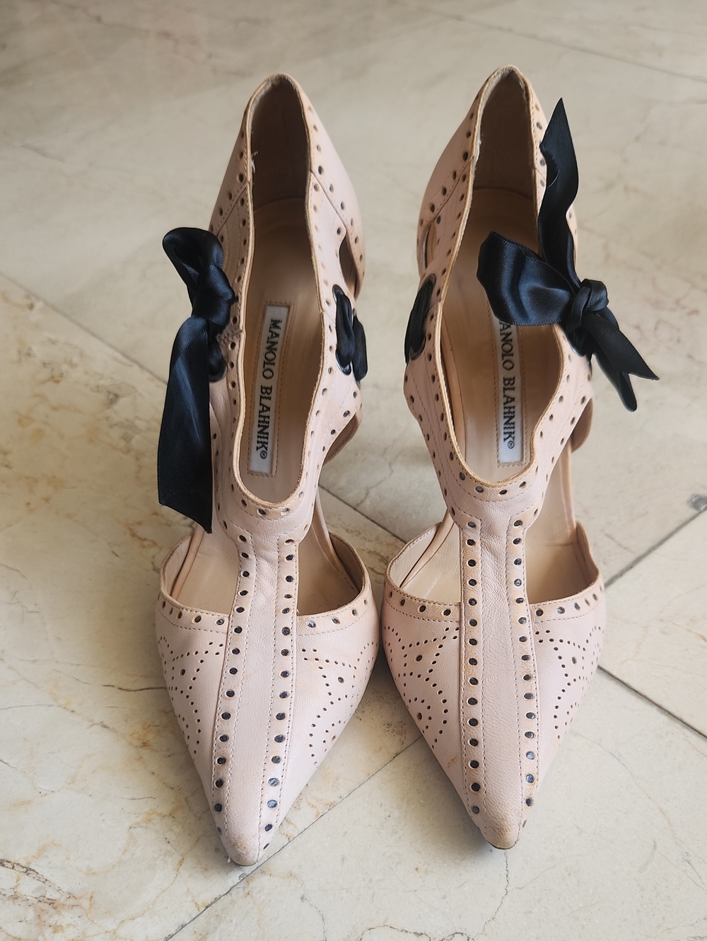 Manolo Blahnik Pink Pointed Toe T-Strap Heels with Black Ribbon
